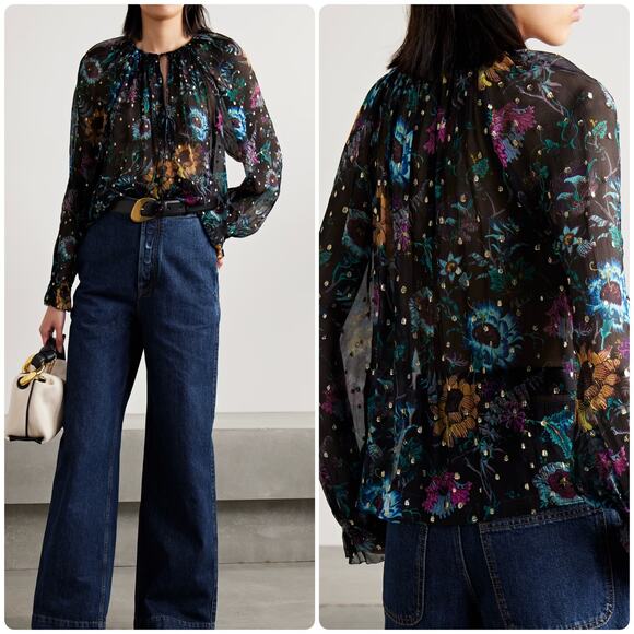 Ulla Johnson Bernadette Floral-Print Blouse Black Iris - Picture 1 of 16